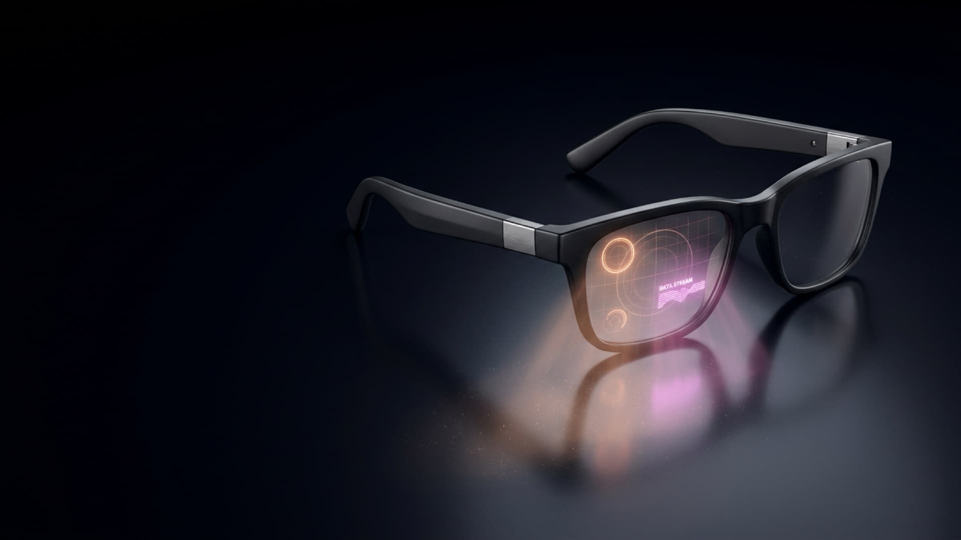 A pair of smart glasses on a dark surface, with a faint display glowing in one lens.