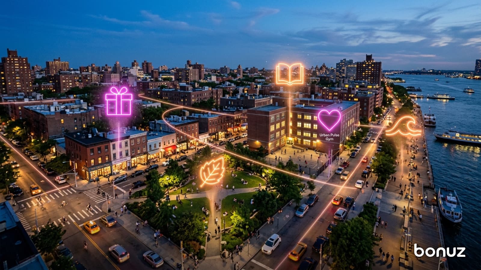 A waterfront neighbourhood at dusk with glowing signs floating in the air above the shops and the park.