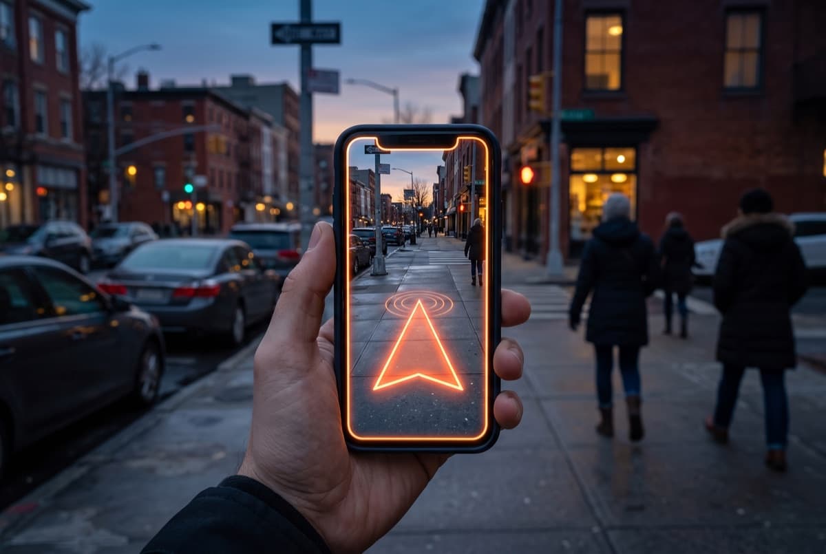 On the phone screen only: a glowing direction wedge on the pavement; the street around the phone is ordinary.